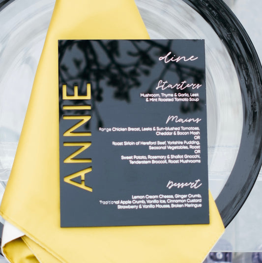 Plate Menu with Name Cutout in Acrylic