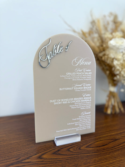 Table Number + Menu Arch Sign with 3D Acrylic Titles