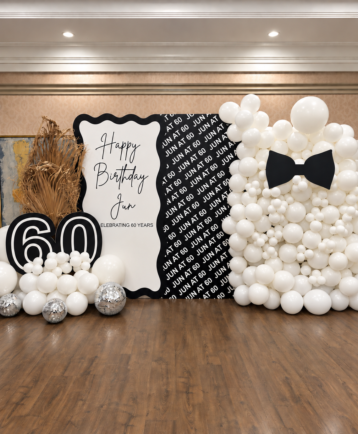 Black & White Monogram Birthday Backdrop with Number Cutout | Custom Foam Backdrop