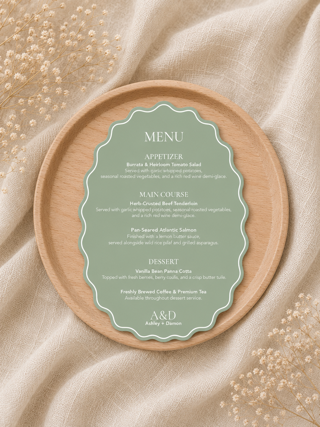 Cardstock Wedding Menu - Oval Scalloped Edge