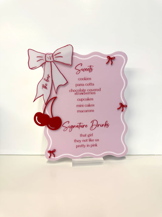 Coquette Bow + Cherry Bar Acrylic Wavy Menu with 3D Accents