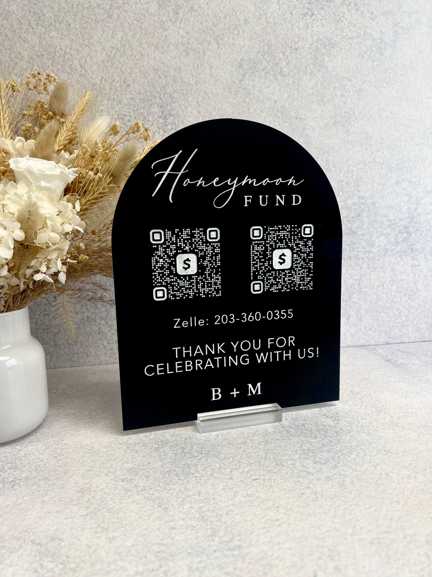 Share the Love: Honeymoon Fund Acrylic Sign with QR codes