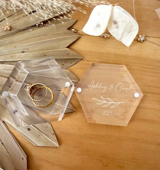 Custom Hexagon Acrylic Ring Box – Minimal Foliage