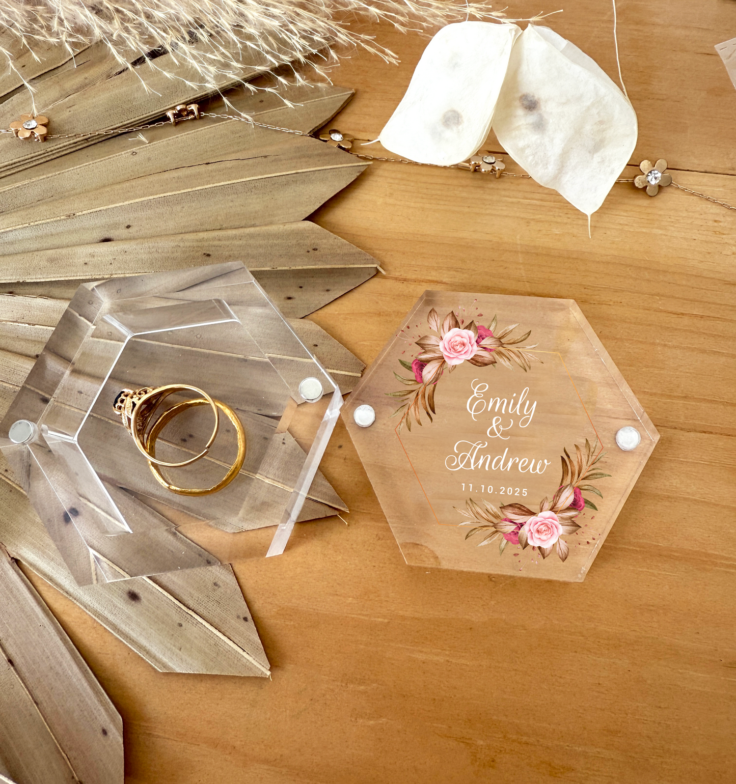 Custom Hexagon Acrylic Ring Box – Autumn florals