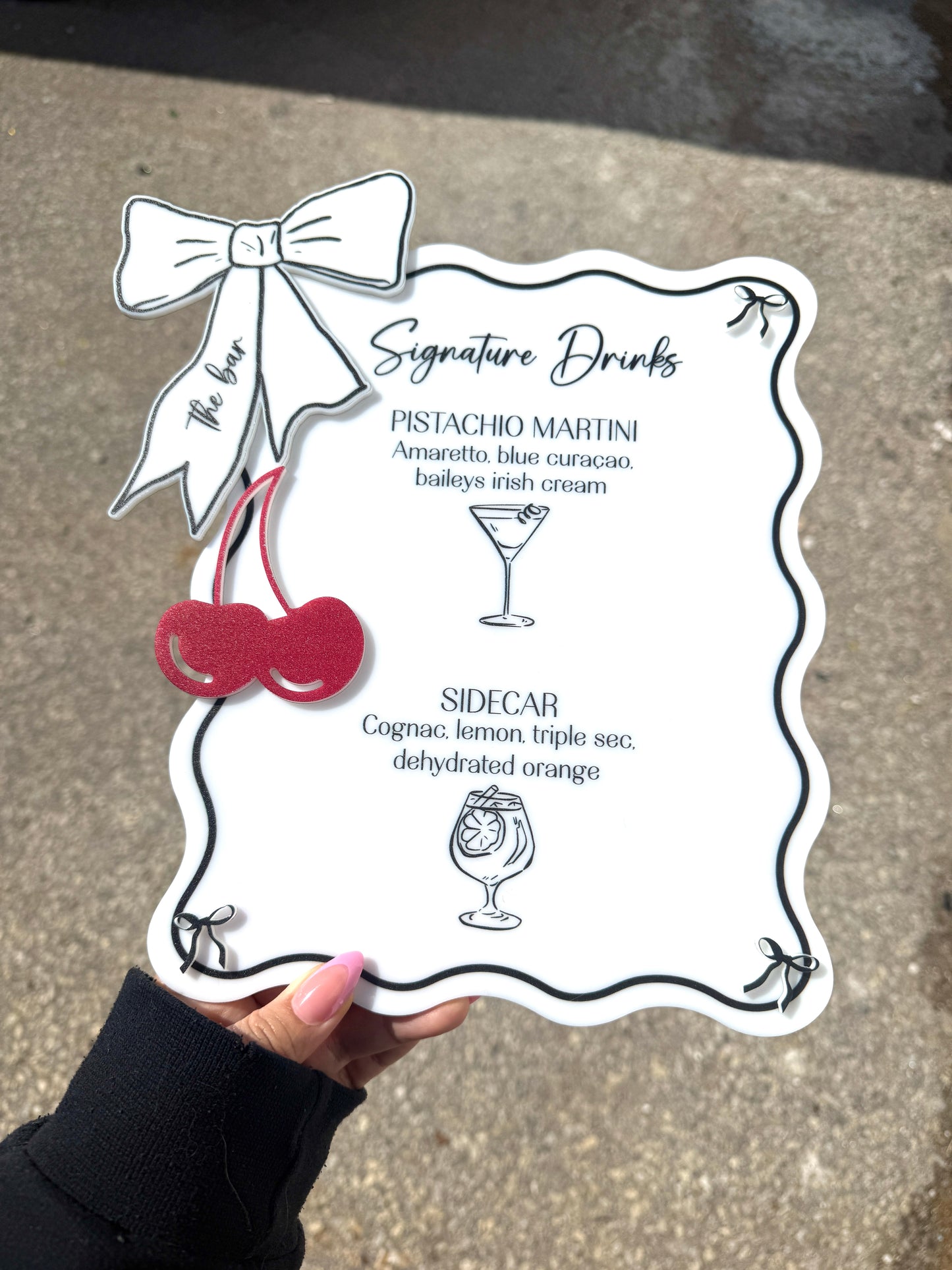 Coquette Bow + Cherry Bar Acrylic Wavy Menu with 3D Accents