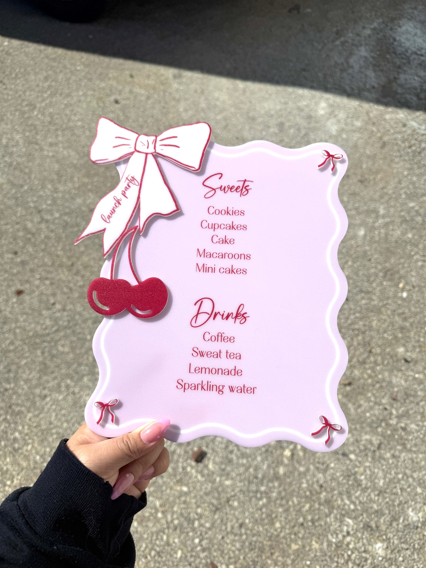Coquette Bow + Cherry Bar Acrylic Wavy Menu with 3D Accents