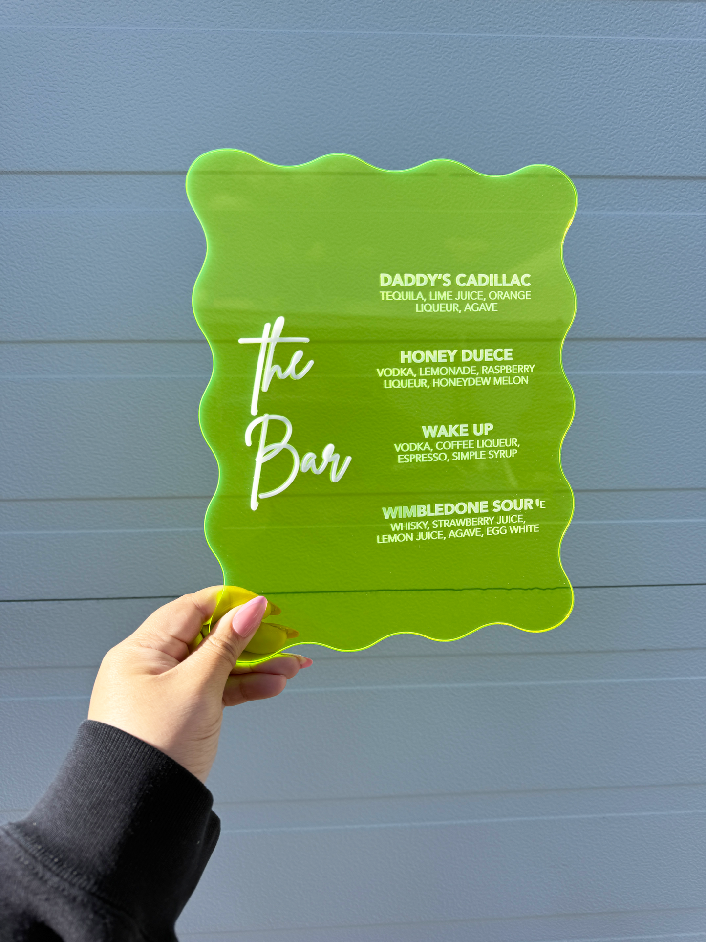 Wavy Edged Acrylic Bar Menu with 3D Acrylic Title "The Bar"