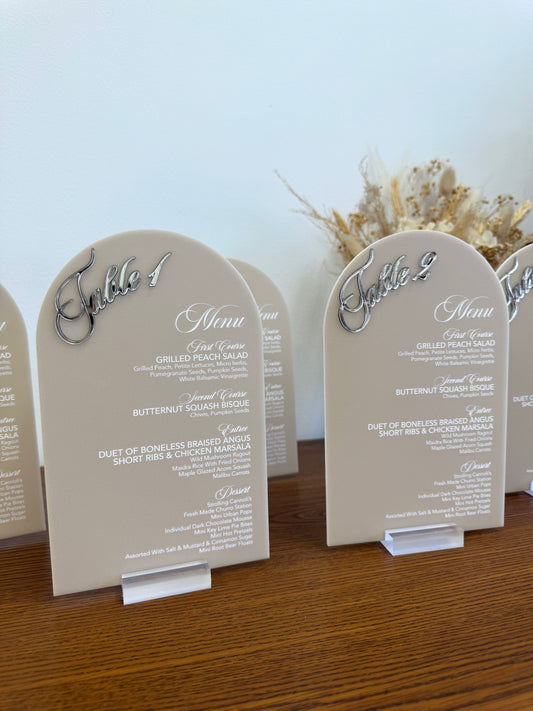 Table Number + Menu Arch Sign with 3D Acrylic Titles