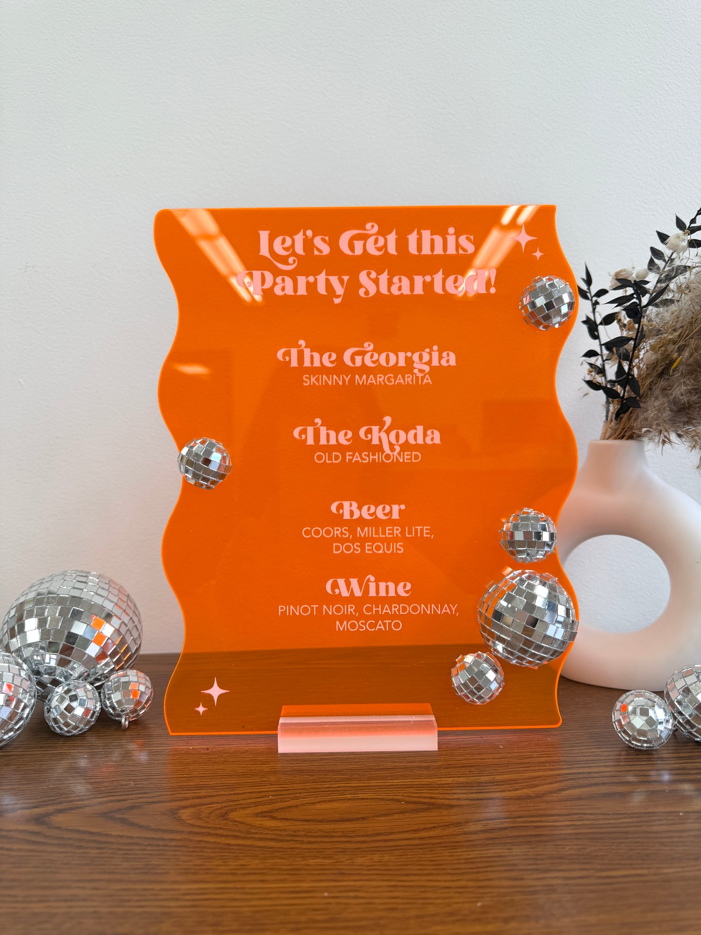 Retro Groovy Acrylic Bar Menu with 3D Disco Ball Accents